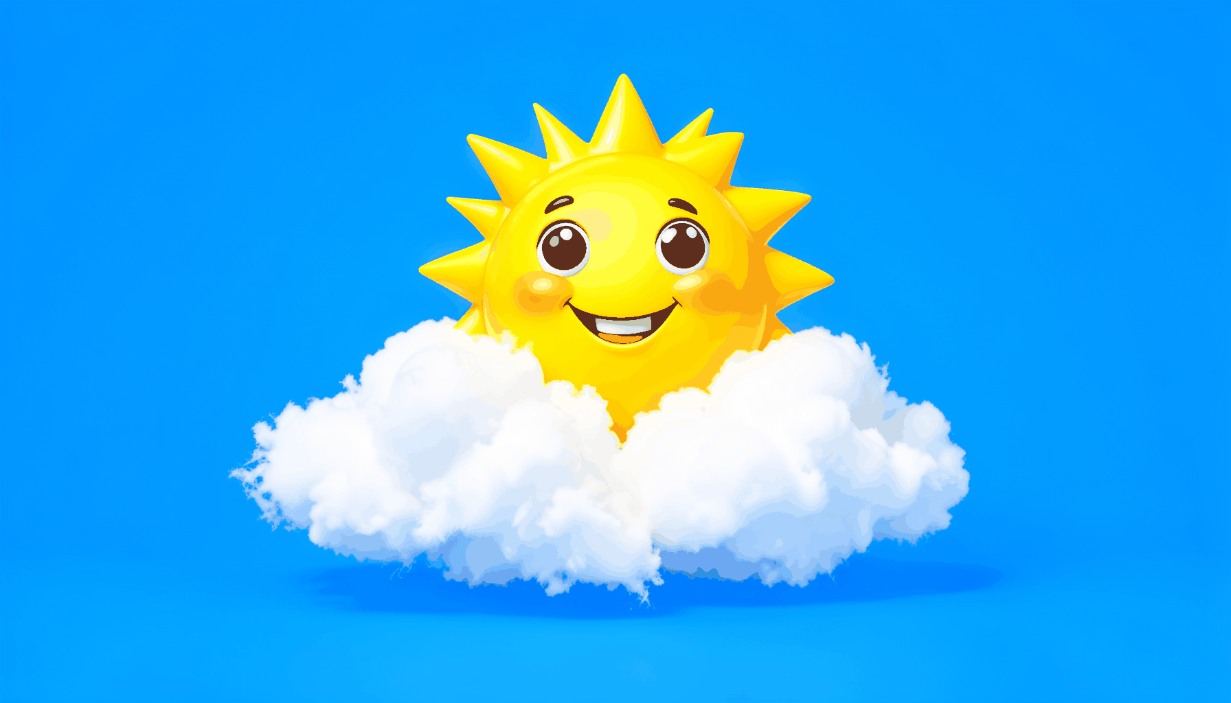 A cheerful cartoon sun with a smiling face rising behind fluffy white clouds on a bright blue sky