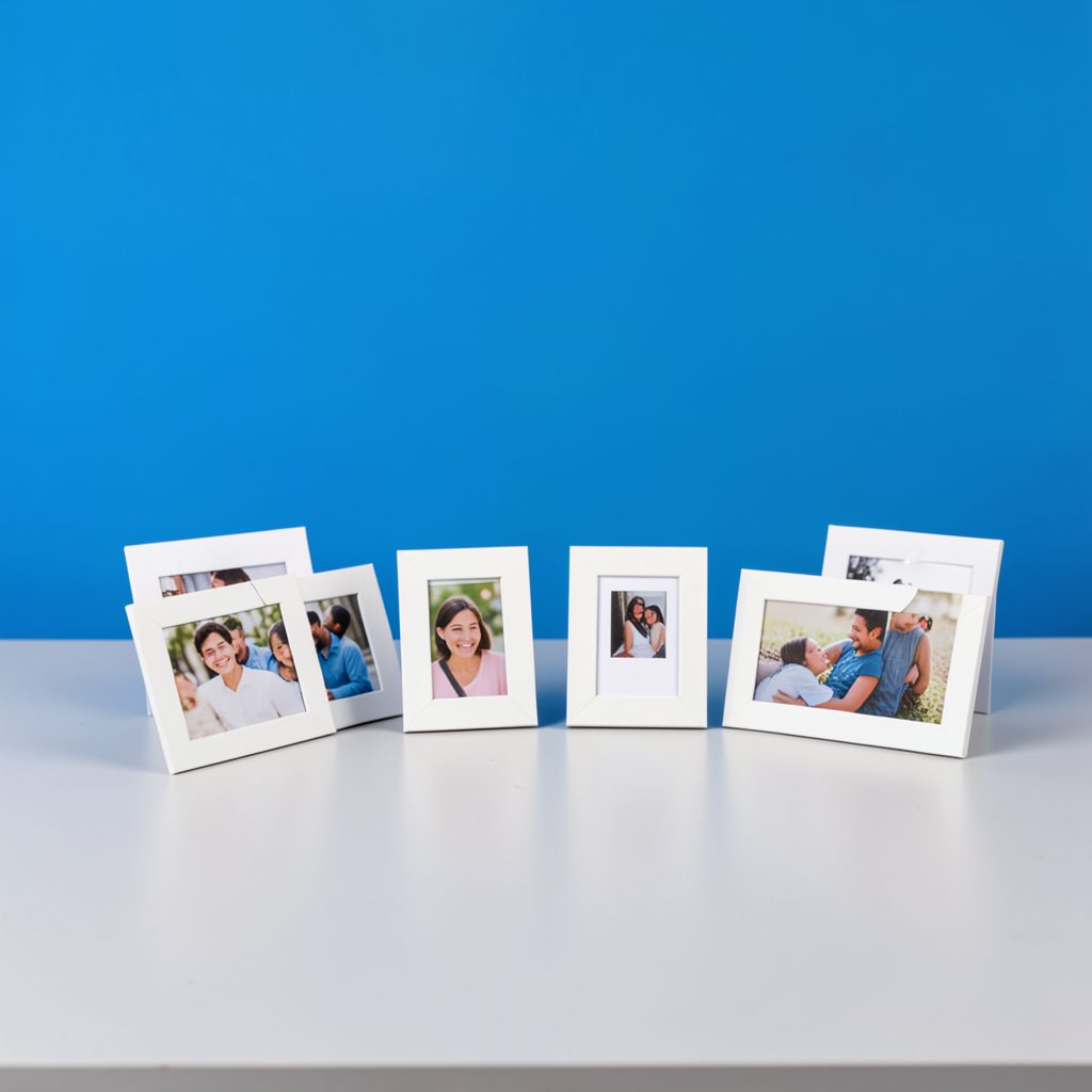 A collection of small framed photo cards arranged neatly on a light grey studio table, tidy and inviting mood